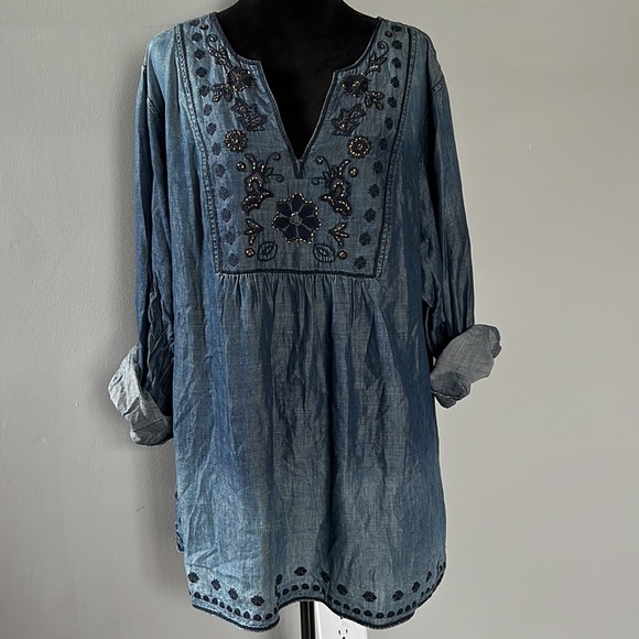 Gorgeous Vintage America Navy Blue with Embroidery and Gold Bead Blouse or Dress - Picture 7 of 11